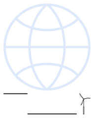 Globe outline behind a wind turbine, horizontal bars indicating progress and innovation. Ideal for sustainability, energy, technology, environment, global collaboration, clean energy, abstract line