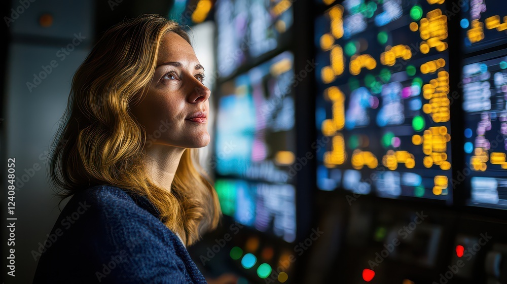 Poster woman analyzing data on screens in a control room, focusing on digital information display