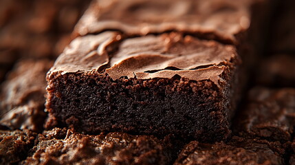 Pieces of chocolate brownie, with cracked top, close-up, food photo. Pantone 2025, color of the year - mocha mousse. Copy space. Horizontal background for advertising.