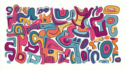 Colorful abstract doodle shapes creatively arranged in vibrant hues, showcasing playful and artistic design. This artwork features mix of curves and lines, evoking sense of joy and creativity