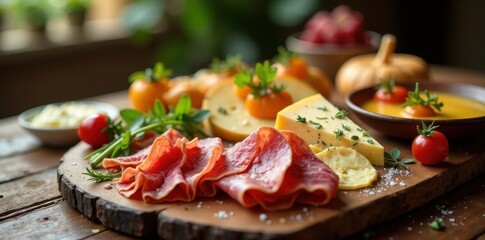 Rustic Easter brunch table with artisanal cheeses and cured meats, eggs, tulips, farmhouse