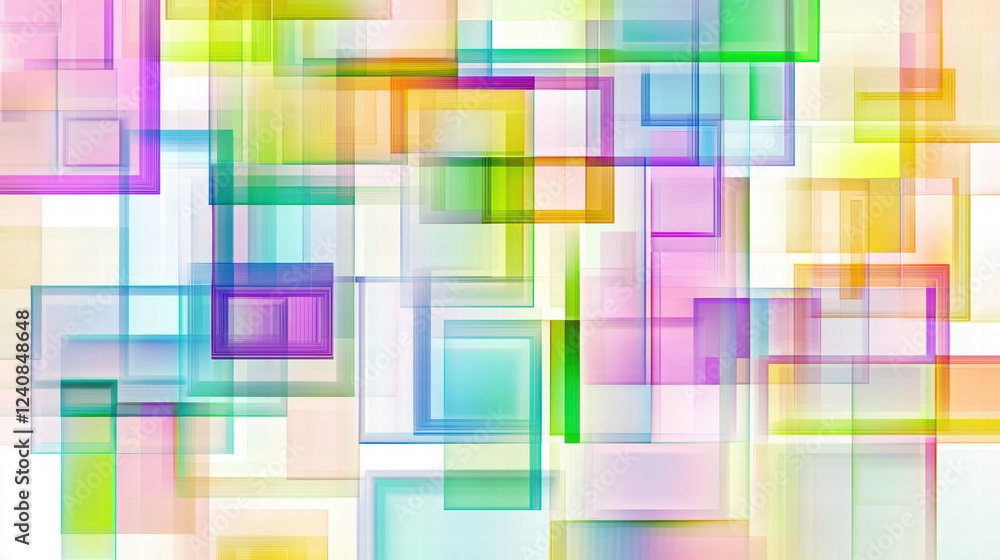 Poster colorful abstract geometric shapes create vibrant grid pattern, showcasing blend of translucent squa