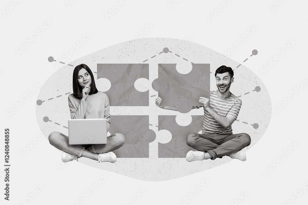 Aufkleber composite collage image of two positive mini people girl use netbook brainstorming excited guy hold 