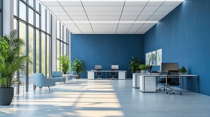 A modern open-space office interior with blue and white walls, a sleek concrete floor, and functional furniture, including desks, tables, and ergonomic chairs. 