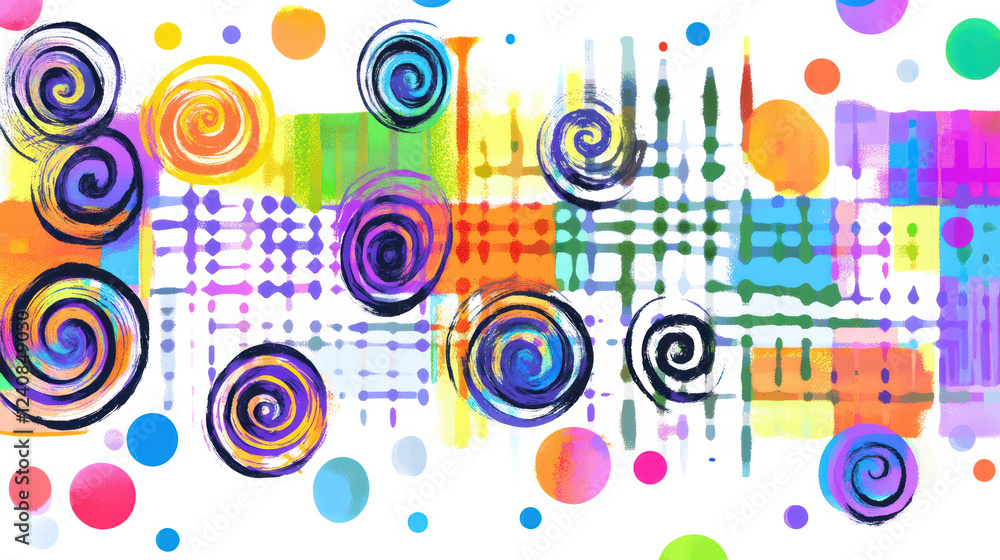 Aufkleber colorful abstract geometric shapes with swirls and dots create vibrant pattern. this lively design f