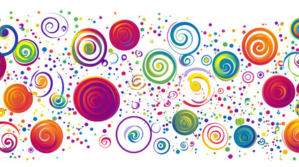 Fototapeta premium Colorful abstract geometric shapes with swirls and dots create vibrant pattern. This lively design features mix of bright colors, perfect for adding cheerful touch to any project