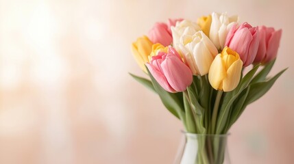 Fototapeta premium Pastel tulips bouquet in glass vase, soft background, spring