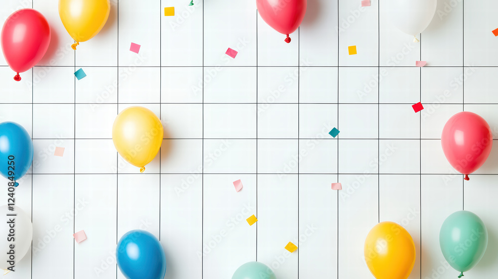 Poster colorful balloons in various shades are scattered across grid pattern, creating festive atmosphere. 