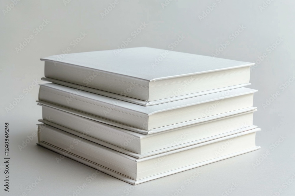 Poster four closed white books are neatly stacked, creating a minimalist and elegant composition on a gray 