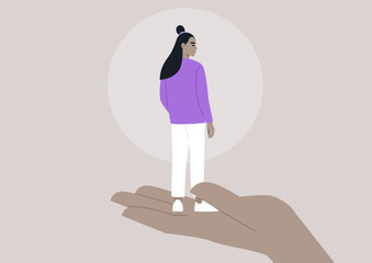 Learning about self, A figure stands atop an oversized hand, showcasing a harmonious blend of strength and vulnerability, inner work concept