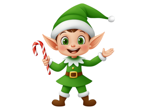 Smiling christmas elf character in festive green and red attire with pointy ears