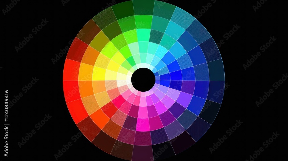 Poster a graphic design of a color wheel with smooth lines and bold, contrasting colors.