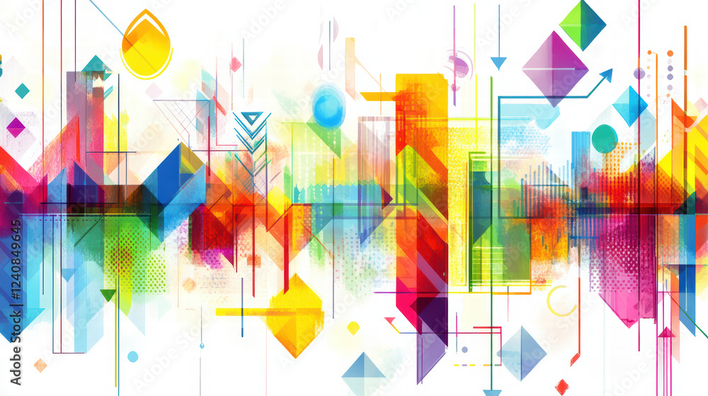 Poster colorful abstract geometric shapes create vibrant grid pattern, showcasing blend of colors and forms