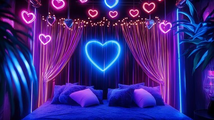 Neon decorated Valentine themed room with glowing UV reactive curtains, floating neon hearts, immersive dreamy atmosphere