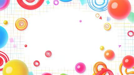 Obraz premium Colorful abstract geometric shapes create vibrant border pattern, featuring circles, spirals, and triangles in bright hues. Perfect for creative projects and designs