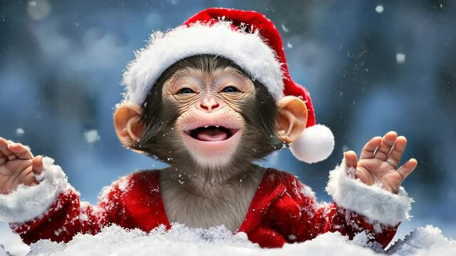 Monkey wearing a Santa hat and a red coat is playing in the snow. Concept of joy and playfulness, as the monkey seems to be enjoying the winter weather