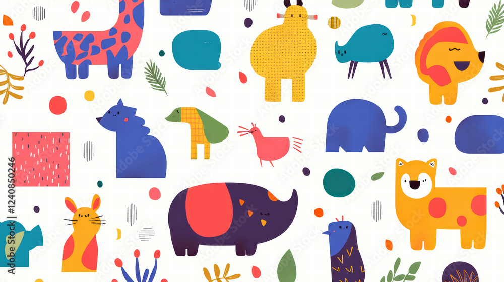 Poster colorful abstract animal illustrations with geometric shapes and patterns create playful and vibrant