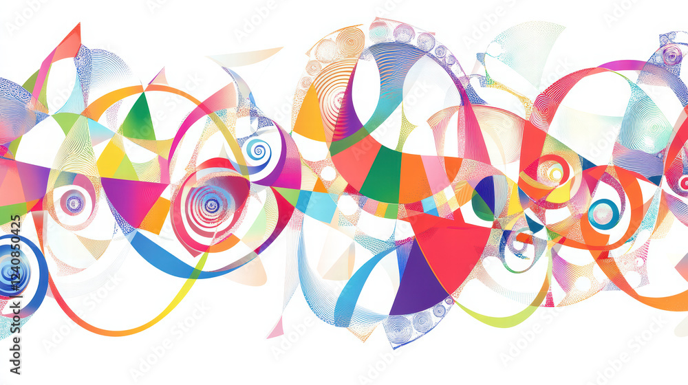 Poster colorful abstract geometric shapes create vibrant and dynamic pattern, showcasing blend of curves, s