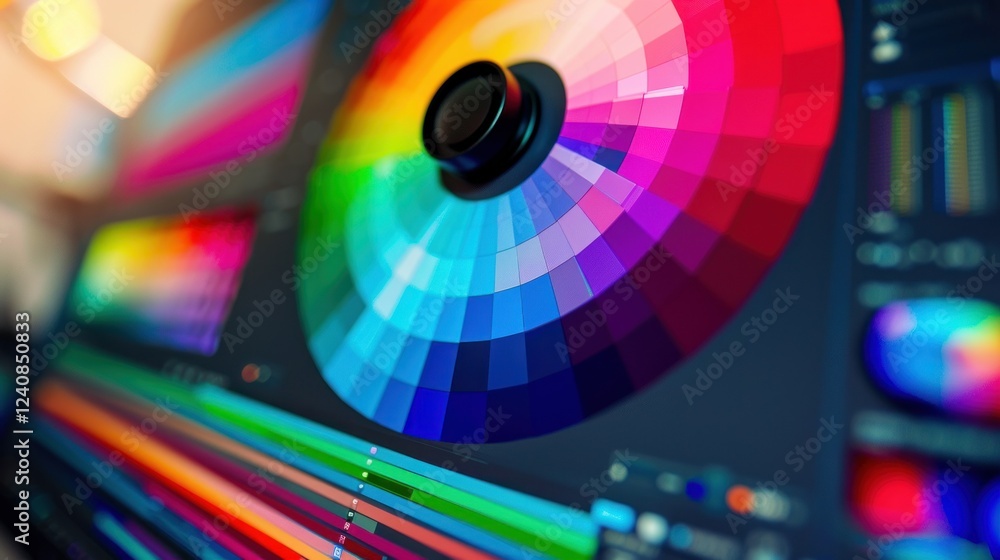 Poster a 3d color wheel on a computer monitor, showcasing smooth transitions of hues.
