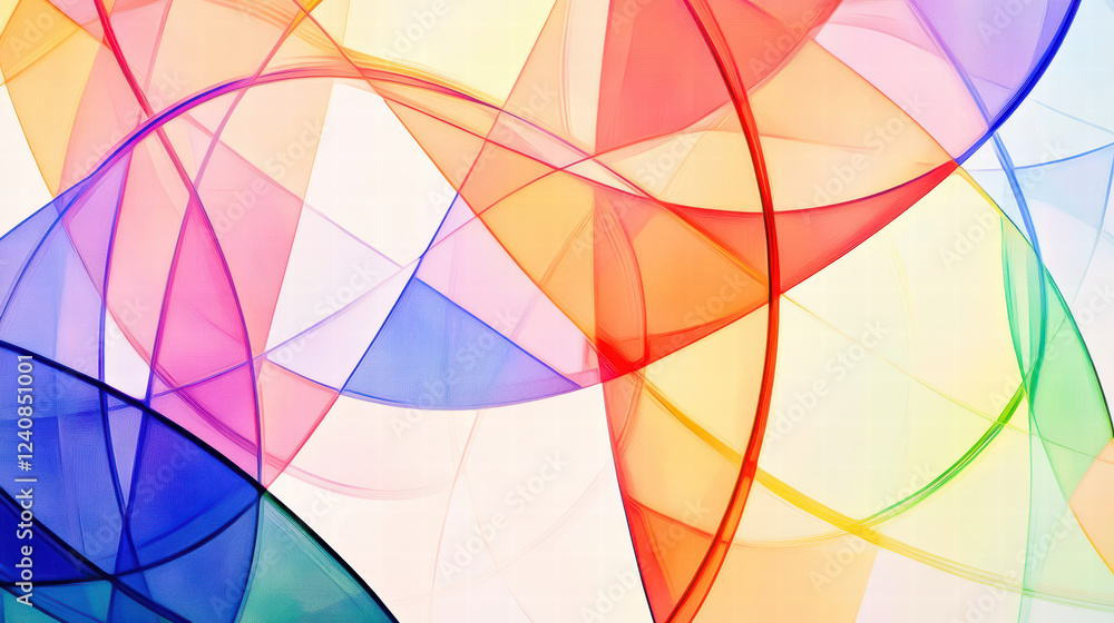 Poster colorful abstract geometric shapes create vibrant and dynamic pattern, showcasing blend of transluce
