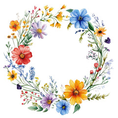 Watercolor wildflowers wreath isolated on transparent background
