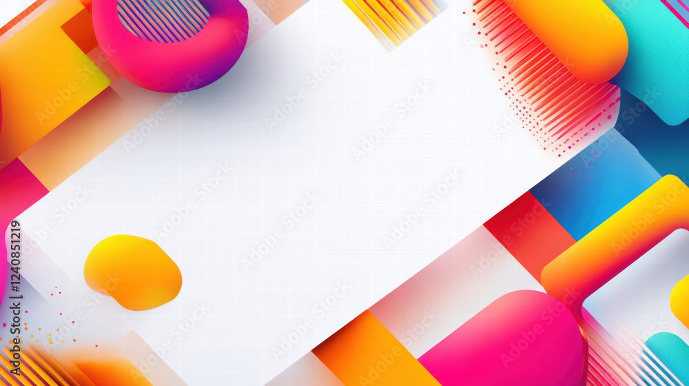 Poster colorful abstract geometric shapes create vibrant border pattern with blank space in center, perfect