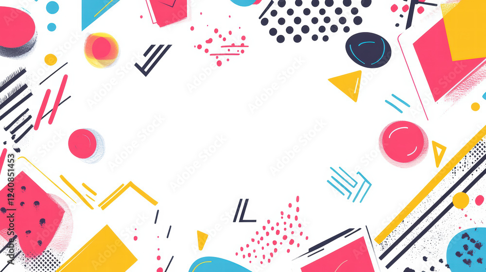 Poster colorful abstract geometric shapes create vibrant border pattern, featuring circles, triangles, and 