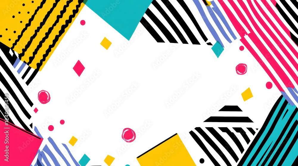 Poster colorful abstract geometric shapes with grid border pattern create vibrant and playful design. brigh