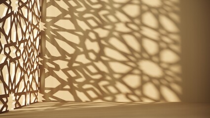 3d render elegant shadow pattern cast by Islamic geometric decor. Soft, warm sunlight highlights intricate lattice design. Perfect for cultural, architectural, and minimalistic themes.