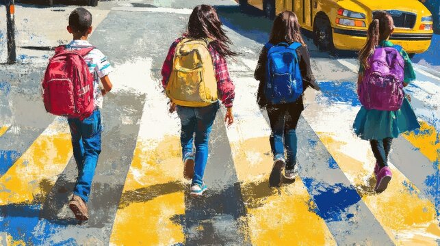 Diverse Students Crossing the Street in Urban Environment - Powered by Adobe