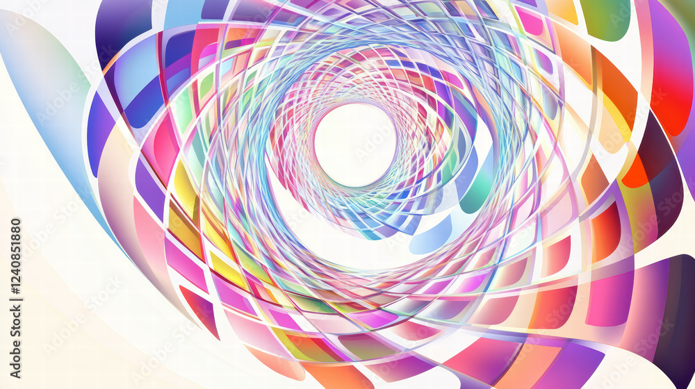 Poster colorful abstract geometric shapes create mesmerizing spiral pattern, evoking sense of depth and mov