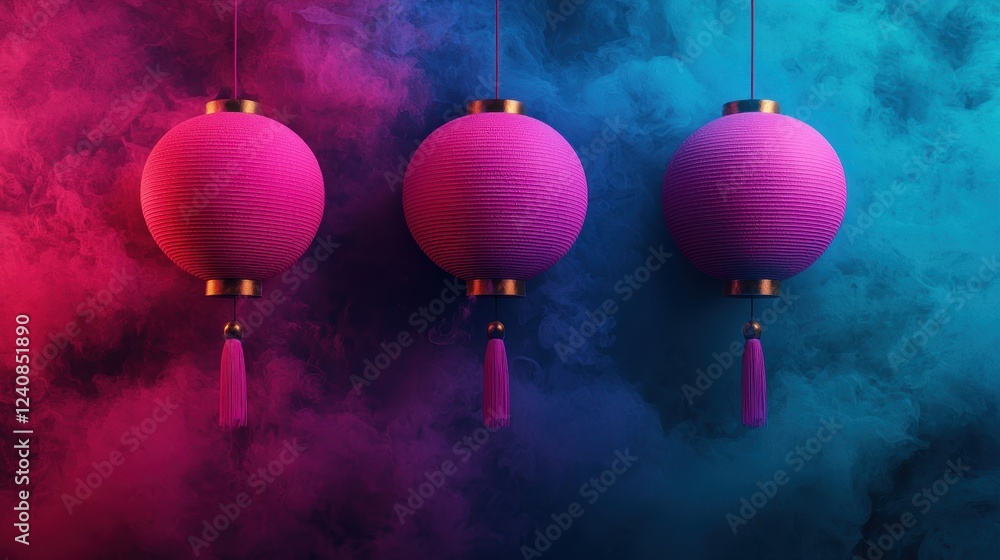 Poster three vibrant pink lanterns hang against a colorful gradient background, illuminated by mist, creati