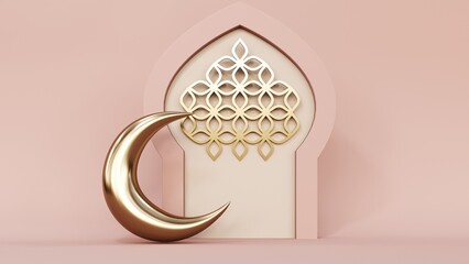 3d render ornate Islamic backdrop featuring golden lanterns and an open Quran. The symmetrical arches and delicate geometric patterns highlight cultural and spiritual richness, ideal for Ramadan.