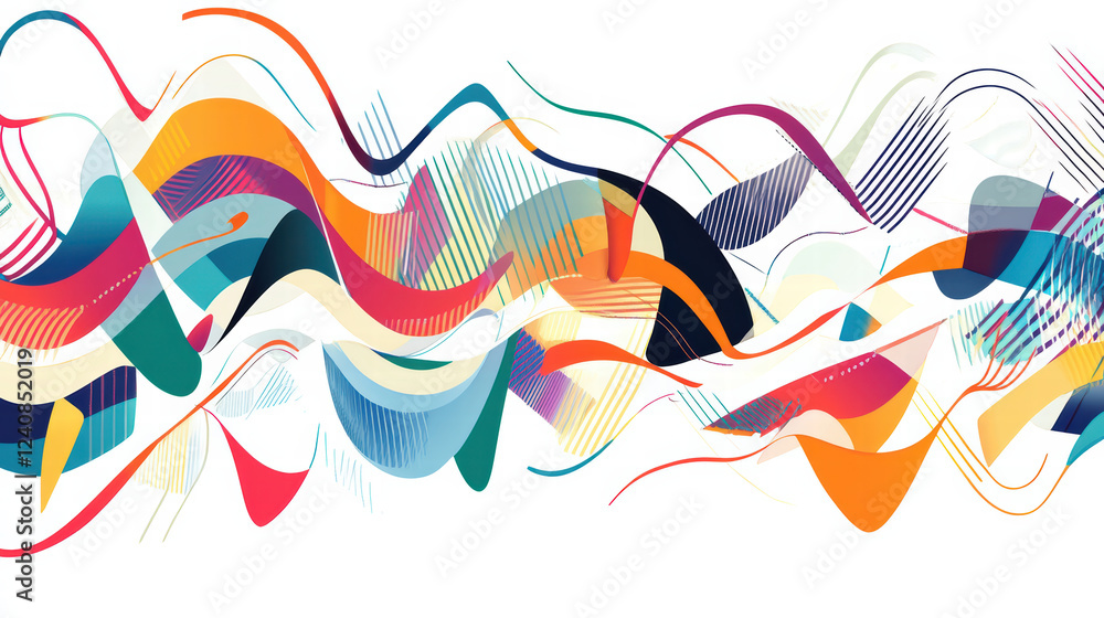 Poster colorful abstract waves with geometric shapes create vibrant pattern, showcasing blend of colors and