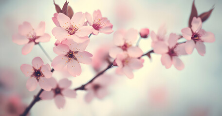 Naklejka premium A close-up of delicate pink cherry blossoms against a soft background, creating an ethereal and dreamy atmosphere.