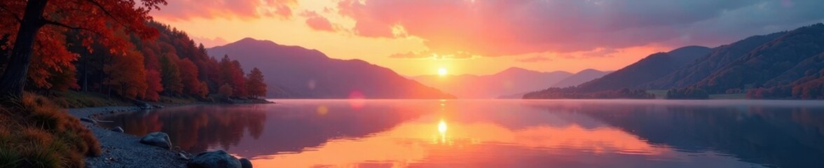 Fototapeta premium Serene lake at sunrise during autumnal equinox, autumnal colours, rise of sun