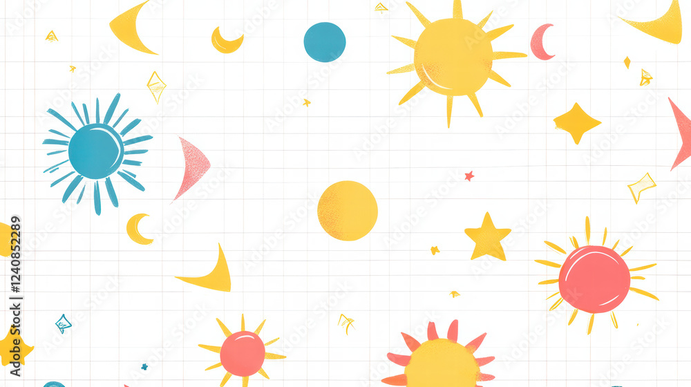 Poster colorful abstract pattern featuring suns, moons, and stars on grid background, creating playful and 