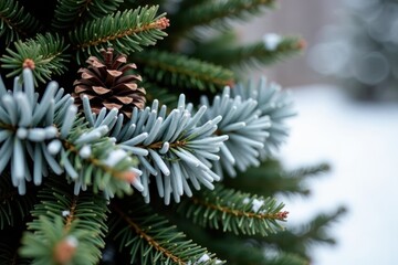 Silver garland wrapped around a wooden Christmas tree trunk, winter, pinecone