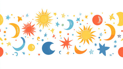 Bright and colorful celestial patterns featuring suns, moons, and stars create whimsical design. This vibrant artwork is perfect for various creative projects