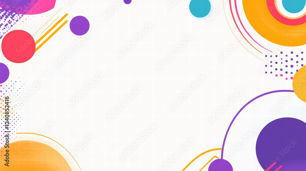 Poster colorful abstract geometric shapes create vibrant border pattern, featuring circles, dots, and lines