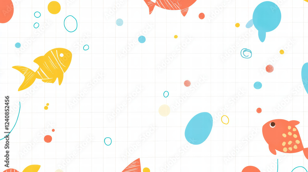 Poster colorful abstract pattern featuring playful fish and bubbles on grid background, creating cheerful a