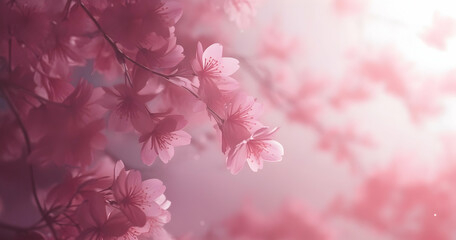 Fototapeta premium A close-up of delicate pink cherry blossoms against a soft background, creating an ethereal and dreamy atmosphere.