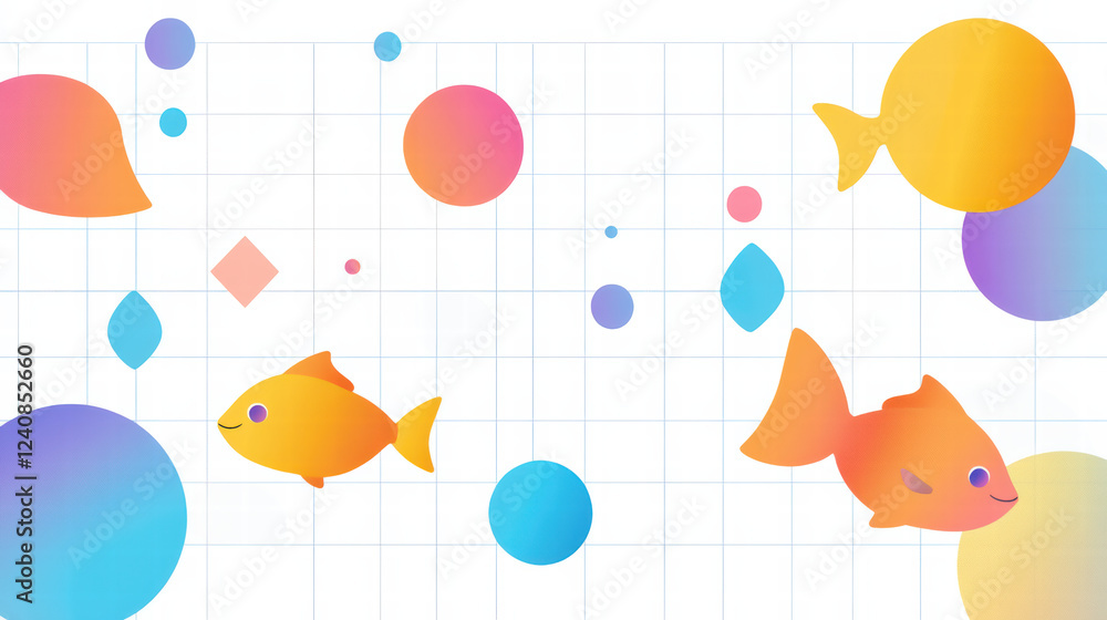 Poster colorful abstract geometric shapes with fish and bubbles in grid pattern create playful and vibrant 