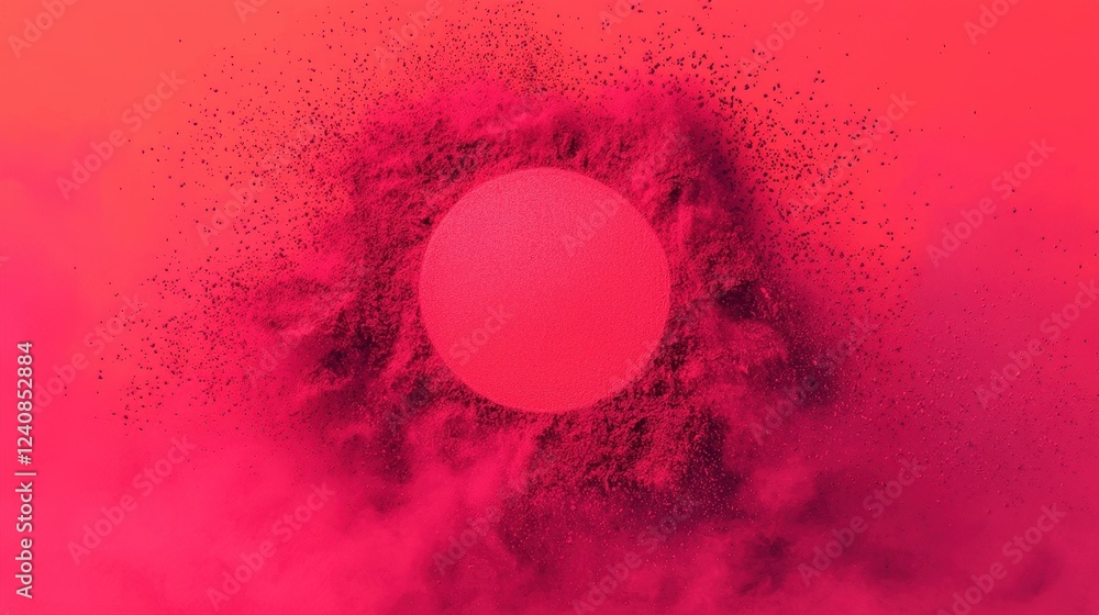 Poster a vibrant pink backdrop features a central sphere surrounded by a cloud of particles, creating an ab