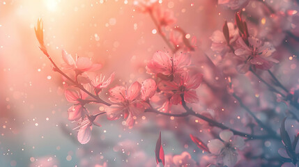 Delicate cherry blossom branches illuminated by soft light, creating a dreamy atmosphere