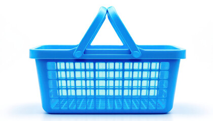 A bright blue plastic shopping basket sits on a white background