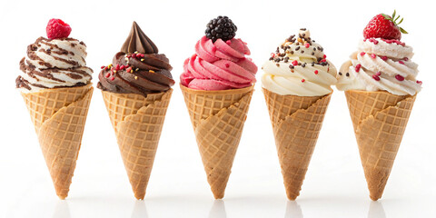 an appealing row of ice cream cones in different colors and flavors, including chocolate, vanilla, and strawberry, each topped with sprinkles and fresh fruit decorations.