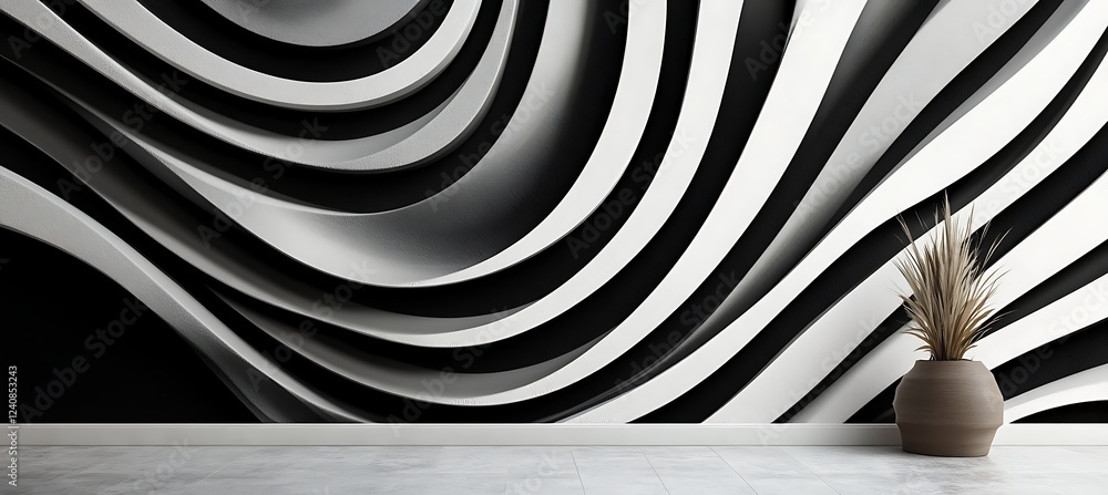 Poster a contemporary black and white background with a geometric arrangement of wavy patterns forming a un