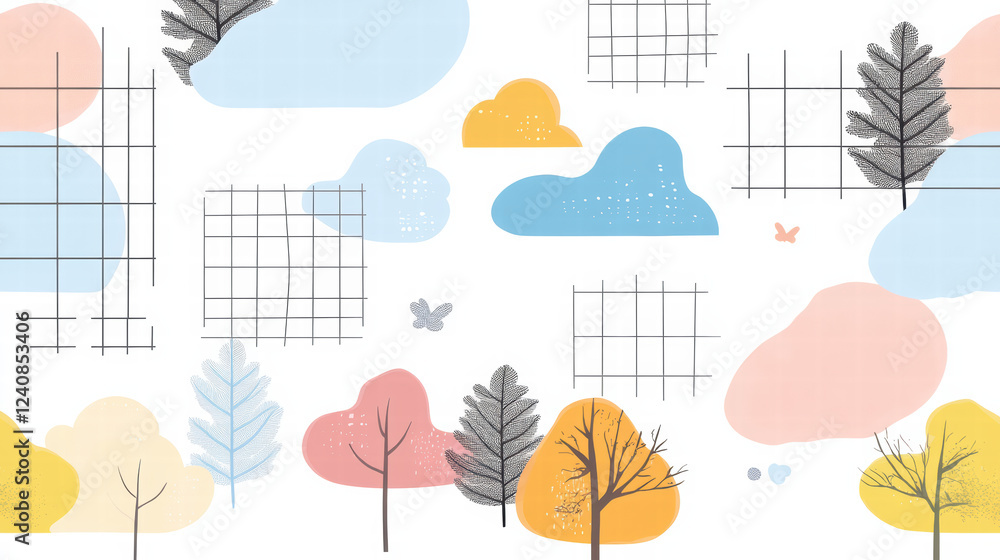 Poster colorful abstract pattern featuring trees, clouds, and geometric shapes in pastel colors. design com