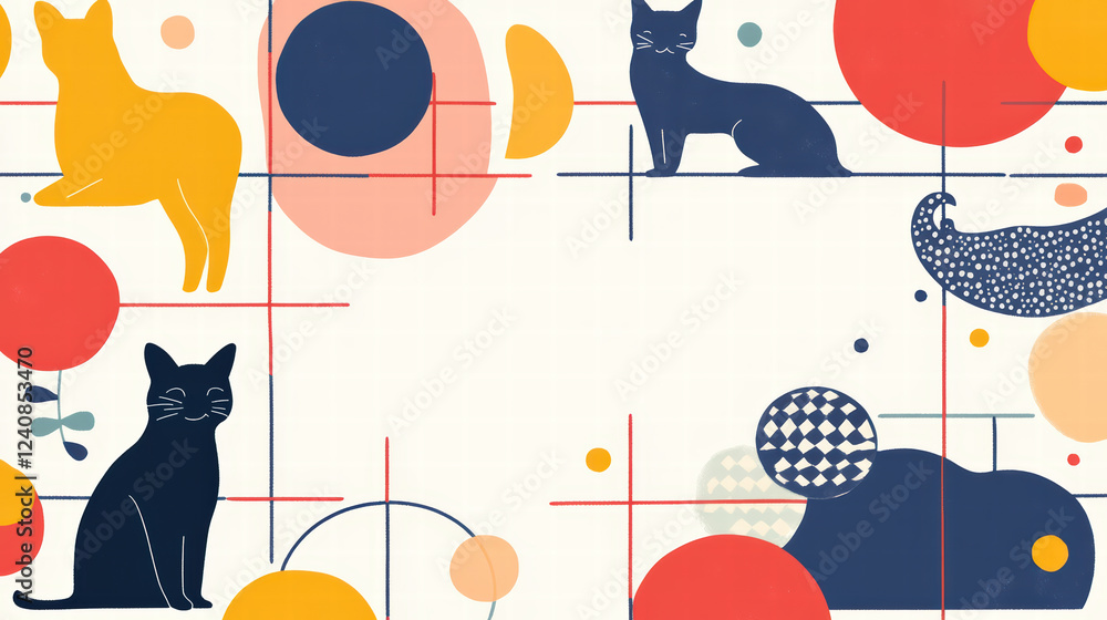 Poster colorful abstract geometric shapes with playful cats in grid pattern create vibrant and cheerful des